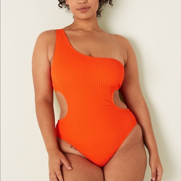 PINK one piece ribbed swimsuit bright orange​​​ - Picture 1 of 4